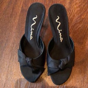 Nina black satin slip-on mules, 2.5” heels, size 6 (EUR 37)